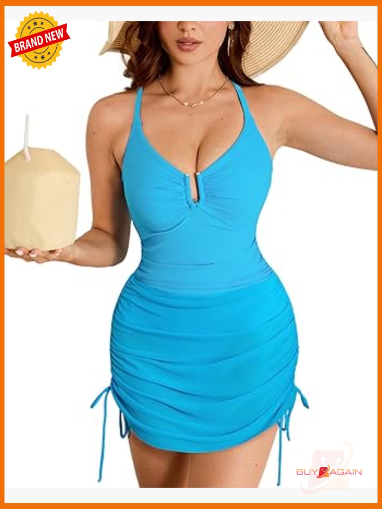 Tummy Control One Piece Swimsuit Ruched U-Ring Full Coverage With Skirt Coverup